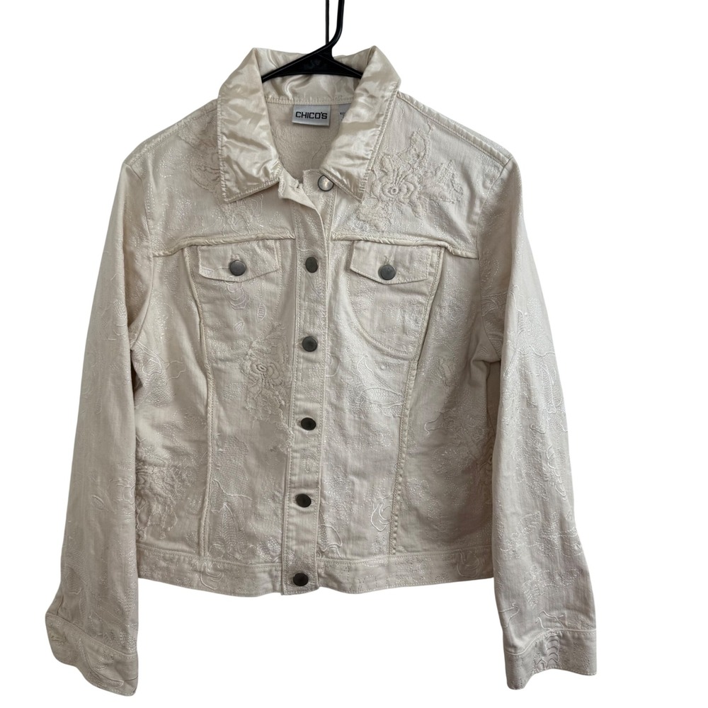 Chico's Embroidered Denim Jacket Cream Floral Western Cottagecore Boho Sz 1 Med